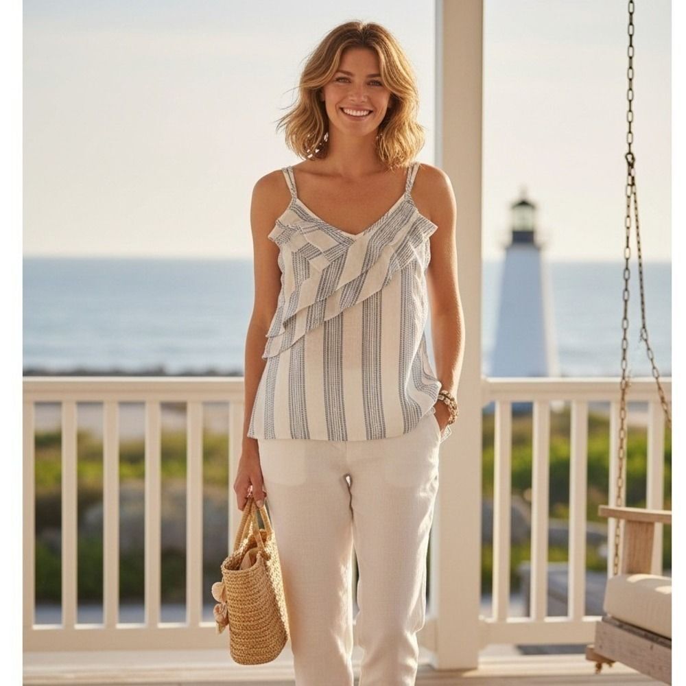 Coastal Grandmother Cotton Ruffle Front Camisole Tank Top H&M Size 2 Blue White